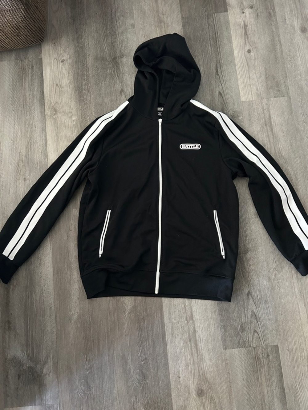 Battle Black Hooded Zip-Up Jacket with White Stripes -